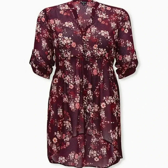 torrid Tops - Torrid Burgundy Chiffon Tunic Hi-Low Floral/Animal Print Top 00